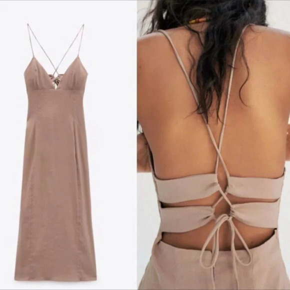 Zara Linen Blend Strappy Open  Back Midi Maxi Dress Beige Tan Brown Size Small - Picture 3 of 16